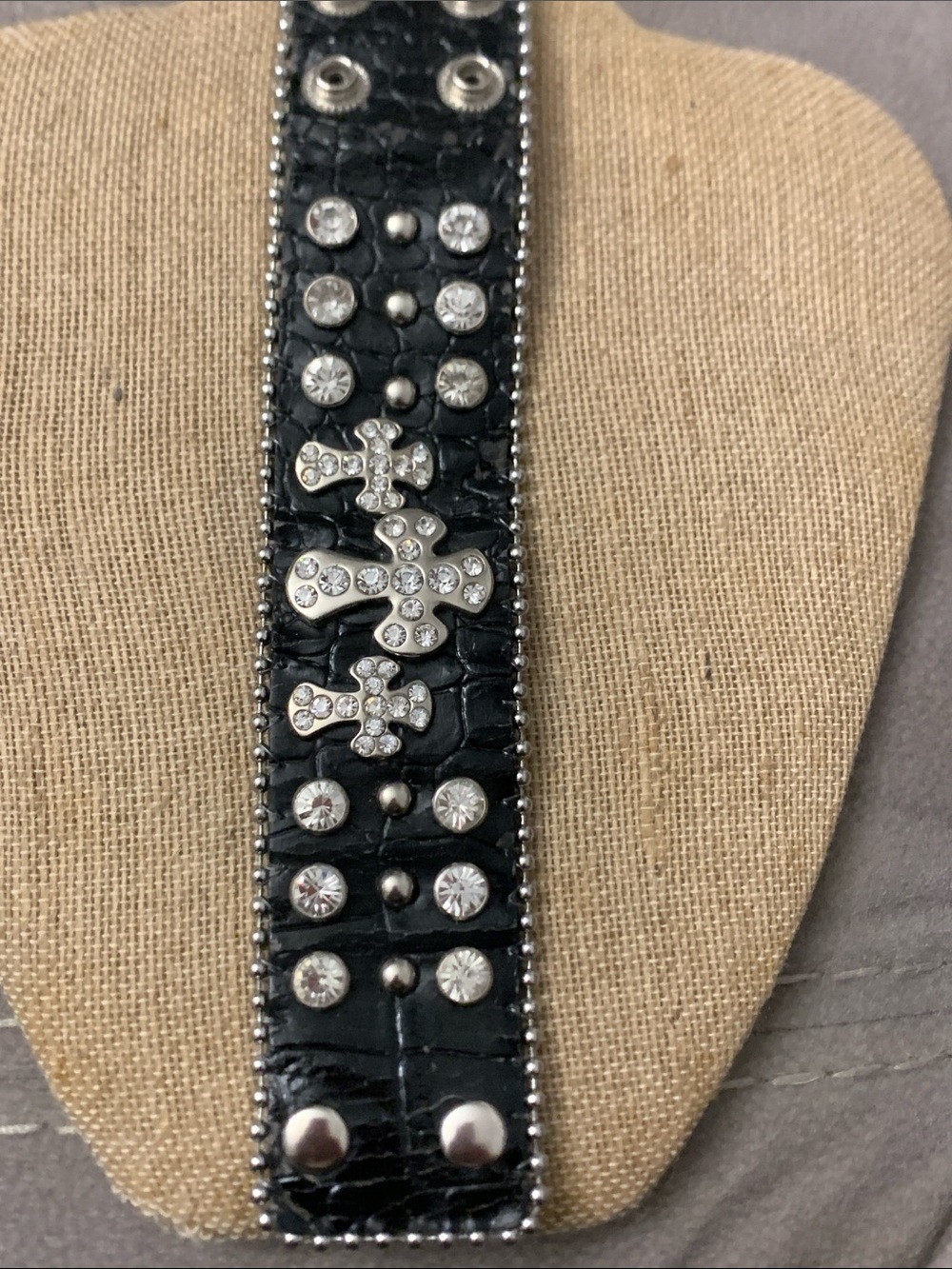 Black Studded Crystal Cross Leather Bracelet used like a new